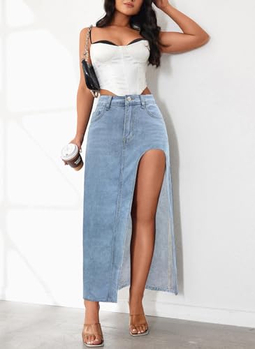 Women's Casual High Waist Split Thigh Jean Skirt A Line Long Maxi Slim Denim Skirt3
