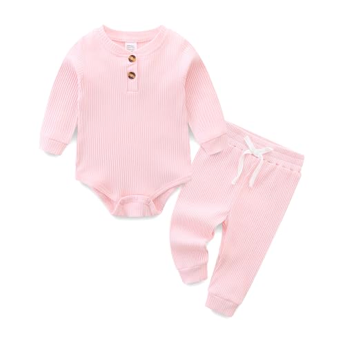 Image of JingleBaBa Baby Boy Solid Romper Ribbed Long Sleeve Bodysuit Infant Knitted Outfits, (6-12)months, Bright Pink