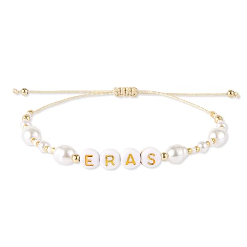 Mikovivi Eras Beaded Bracelet, Engraved Eras Gold Letters Delicate Pearl Beaded Bracelet Adjustable...
