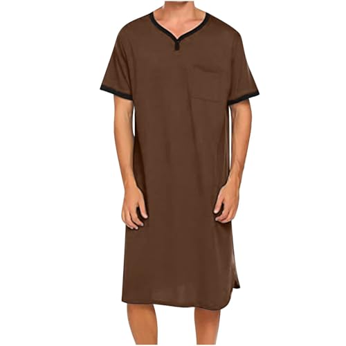 Mens Nightgown Short Sleeve Lounge Casual Summer V Neck Sleep Henley Shirt Pajama Big Tall Nightshirt Comfy Nightwear