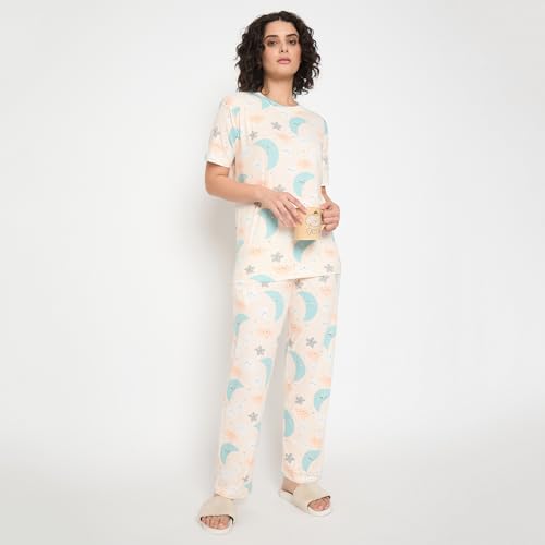 Image of CAMEY Women's Printed Pyjama Set, Short Sleeve T-Shirt and Trousers, Women Nightsuit, Loungewear Sets
