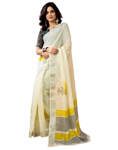 Image of SIRIL Women's Printed Cotton Linen One Minute Ready to Wear Saree With Unstitched Blouse Piece