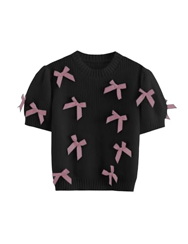 Women's Sweaters Knitted Crewneck Puff Bubble Short Sleeve Pullover Tops Casual Bow T Shirts Chic Blouses