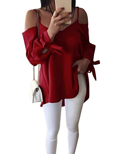 Minetom Damen Off Shoulder Shirt Oberteile Elegant Sexy Schulterfrei T-Shirt Tops Einfarbig V-Ausschnitt Langarmshirts Bluse Mit Schleife An Ärmeln Rot 48 Cover