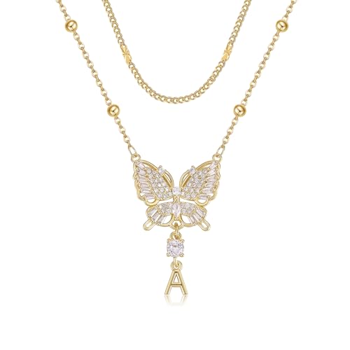 Butterfly Initial Necklaces for Women 14K Gold Plated Dainty Laye...
