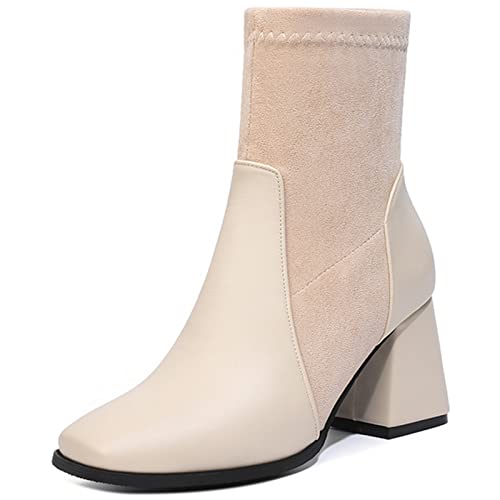 CuteFlats Damen Warme Slip-on Socke Stiefeletten mit Chunky Absatz und Quadratischer Zehe (Beige 38)