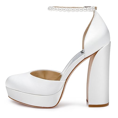 FYS Women Round Toe Pump Glaring Platform Chunky High Heels Bejeweled Ankle Strap Noble Party Club Dress Shoes Size 4-16 US2