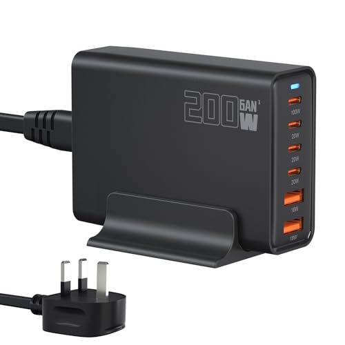 200W USB C Fast Charger Plug, 6-Port GaN III Charging Station PD 100W 65W 44W 20W Laptop & Phone Charger + 18W QC, Compatible with MacBook Pro/Air,Dell XPS, iPhone 15/16/14/ Pro, iPads, Steam Deck 200W USB C Fast Charger Plug, 6-Port GaN III Charging Station PD 100W 65W 44W 20W Laptop & Phone Charger + 18W QC, Compatible with MacBook Pro/Air,Dell XPS, iPhone 15/16/14/ Pro, iPads, Steam Deck