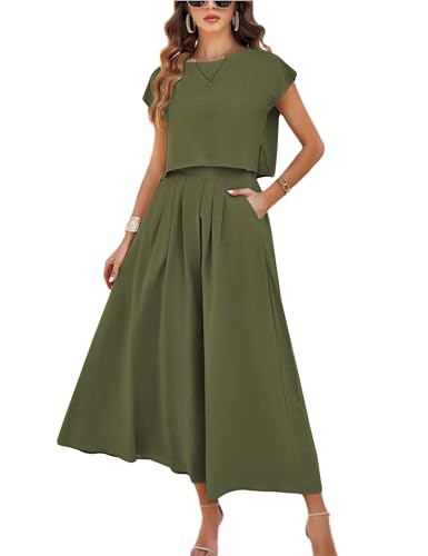 Image of Mingzhu Womens 2 Piece Outfits Skirt Set Summer Casual Cap Sleeve Crop Tops Maxi Dress Sets with Pockets