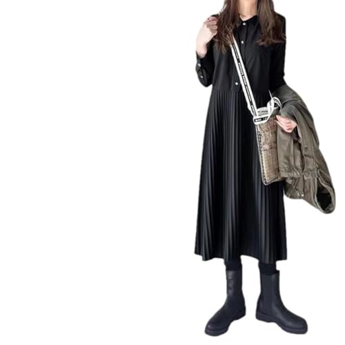 シャツワンピース レディース ロングワンピース ミモレ丈 Aライン 襟付き 長袖 無地 プリーツ ワンピース 着痩せ 可愛い おしゃれ 春 夏 秋 冬 L ブラックのサムネイル