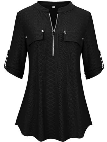 Lalala Business Outfit Damen Elegant Langarm Oberteile V Ausschnitt Einfarbig Tunika Bluse Z-Schwarz-xg36 L3XL Lalala Business Outfit Damen Elegant Langarm Oberteile V Ausschnitt Einfarbig Tunika Bluse Z-Schwarz-xg36 L3XL