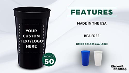 DISCOUNT PROMOS Custom Large Plastic Stadium Cups 22 oz. Set of 50, Personalized Bulk Pack - Perfect for Birthdays, Picnic, Beach, Parties - Black