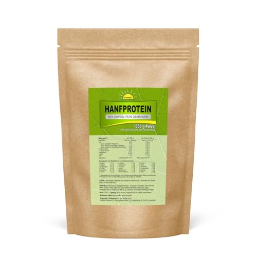Hanfprotein (50% Eiweiß, 18 Aminosäuren + Magnesium, vegane Premiumqualität), 1000 g im Beutel, ohne Zusatzstoffe, aus deutscher Landwirtschaft, Bonemis®