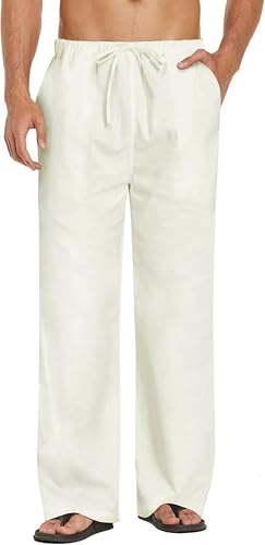 Image of CB-COLEBROOK Mens Casual Linen | Elastic Waist | Drawstring Summer Beach Yoga Linen Trouser | Loose Fit Pyjama Pants for Man