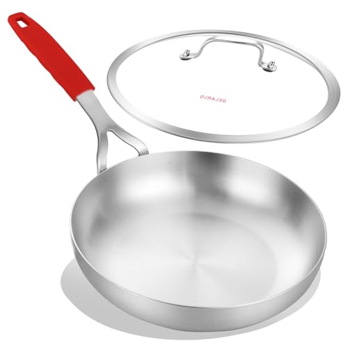 Image of DELARLO Tri-Ply Stainless Steel Frying Pan 8 inch With Lid Kitchen Skillet | Stainless Steel Pan Cooking Heat fast and evenly Compatible with All Cooktops Dishwasher and Oven Safe