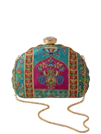 artklim Elegant Blue & Pink Traditional Motif Embroidred Clutch-picture-37