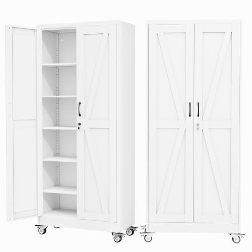Ckzbx Metal Garage Storage Cabinet with Locking Doors and Adjustable Shelves,75" H Rolling Tool Storaget with Wheels for Garage,Office (White)