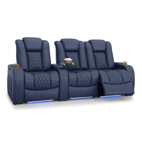 Image of Seatcraft Diamante Navy Blue Italian Leather Home Theater Seating, Zero Gravity Power Recliner, Gaming and Home Office Chair, Powered Headrest Furniture for Cinema Room, Row of 3 Right Loveseats