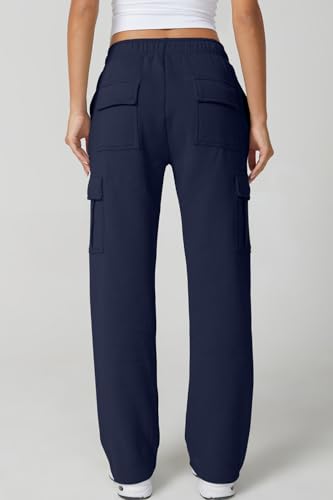 Image of QINSEN Baggy Medium Waist Elastic Sweatpants for Womens Casual Long Fleece Cargo Pants with Pockets