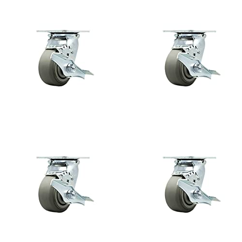 Thermoplastic Rubber Flat Tread Swivel Top Plate Casters Set of 4 Heavy Duty with 4 Inch Wheels- Includes 4 Swivel with Top Lock Brakes and Swivel Locks–1,200 lbs. Total Capacity- Service Caster Brand