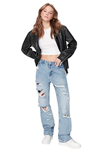 Trendyol Women's Damen Gerade Weites Bein im 90er-Jahre-Stil Niedrige Taille Jeans, Blue, 38