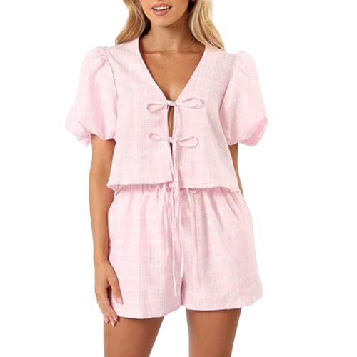 Geagodelia Women's 2 Pieces Outfit Summer Ladies Co Ord Set Peplum Tie Front Blouse Babydoll Top + Shorts Y2k Aesthetic Clothes Lounge Wear Workout (E - Pink Gingham, M)