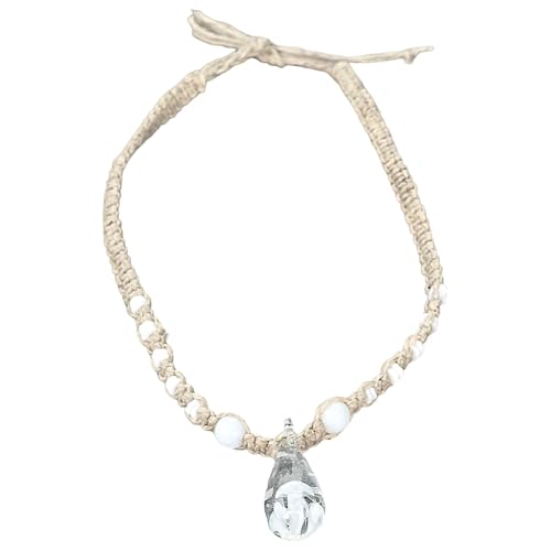 BlueRica White Mushroom in Glass Pendant on Hemp Necklace with Puka Shell Beads