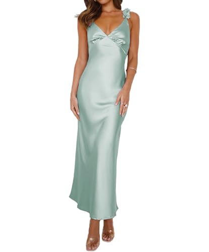 Phicia Sommerkleid, Satin, Spaghettiträger, V-Ausschnitt, Midi-Kleider für Damen, Hochzeitsgäste, elegante Blume, rückenfrei, Cocktailkleid,...