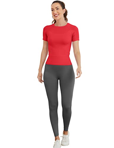 Image of MathCat Short Sleeve Workout Tops for Women, Seamless Women's Compression Shirt, Yoga Running Athletic Shirts Soft Gym Tops