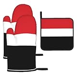 WZYWHJ Ofenhandschuhe und Topflappen mit jemenitischer Flagge, 3-teiliges Set, verdickter langer Küchenhandschuh