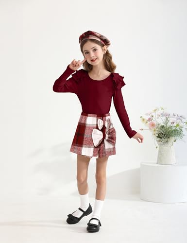Girls Clothes Ruffle Sleeve T-shirt Top and Bowtie Plaid Skort Set with Hat 3PCS Girls Fall Outfits 5-14 Years3