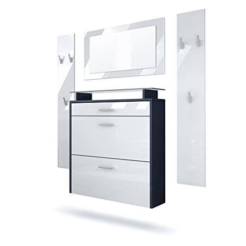 Vladon Garderobe Malea, Garderobenset bestehend aus 1 Hängeschuhschrank, 1 Wandspiegel und 2 Garderobenpaneele, Anthrazit matt/Weiß Hochglanz Vladon Garderobe Malea, Garderobenset bestehend aus 1 Hängeschuhschrank, 1 Wandspiegel und 2 Garderobenpaneele, Anthrazit matt/Weiß Hochglanz