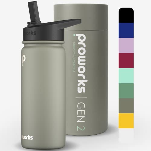PROWORKS Gen 2 Bouteille d'eau Isotherme avec Paille 1L Bouteille d'eau Isotherme 24 Heures Froid 12 Heures Boissons Chaudes Acier Inoxydable Gym - Gris Gravité Cover