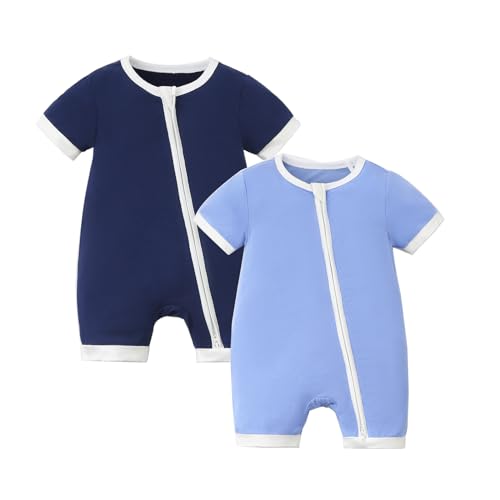 Image of JunNeng Rayon from Bamboo Baby Romper Sleeper Short Sleeve Summer Jumpsuit,Newborn Boy Zipper Snug Fit Sleep 'N Play,Blue+Navy Blue 3-6 Months