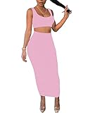 Alllife Sexy 2 Piece Maxi Skirt Sets Sleeveless Crop Top Bodycon Long Skirt Pink Two Piece Dress Outfit for Women L
