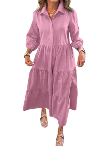 Image of chouyatou Women's Loose Fit Puff Sleeve Maxi Tiered Babydoll Dress V-Neck Cotton Long Button Down Dress