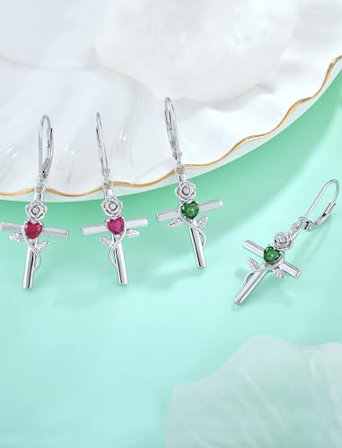 Sterling Silver Cross Earrings Rose Flower Dangle Earring Faith Religious Birthstone Jewelry for Women4