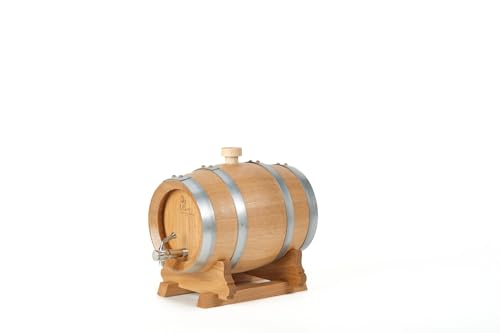 Tonnellerie Allary Tonneau en Chêne avec Support, Fût de Vieillissement, 1 à 20 L, Fabriqué à la Main, Idéal pour Vin, Whisky, Brandy, Rhum...Bouchon et Robinet INOX, Fût chêne Francais (3Litres)