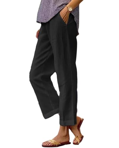 Women Cotton Linen Cropped Pants Summer Classic Straight Leg Casual Elastic High Waisted Wide Leg Pant with Pockets