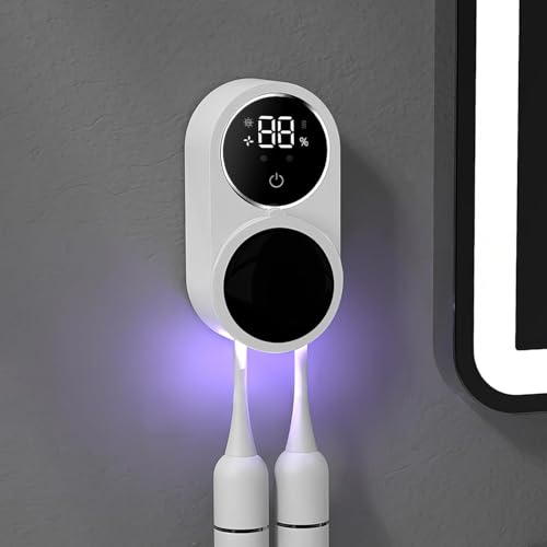 Soporte para cepillo de dientes montado en la pared con 2 ranuras, soporte para cepillos de dientes sin taladrar pared, desinfectante UV, impermeable y resistente al polvo para la familia, niños