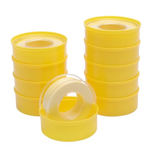 KQDRAVINE 10 Piezas Cinta Selladora Impermeable para Gas y Agua, 18 mm X 0,2 mm X 20 m PTFE Teflon Fontaneria con Caja, Rango de Temperatura de -190 °C a 260 °C, Amarillo