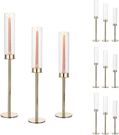 Glasseam Gold Candle Sticks Holder, Cylinder Hurricane Candle Holder Set of 3, Tall Christmas Candle Holders for Living Room, Chic Candles Holders Glass Candle Stick Holder for Wedding Centrepiece