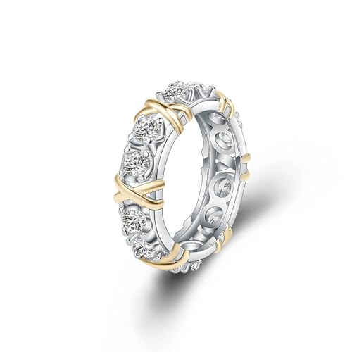 Wedding Band Ring for Women, 925 Sterling Silver Plated Cubic Zirconia Stackable Eternity 2 Tone Ring Fashion Jewelry