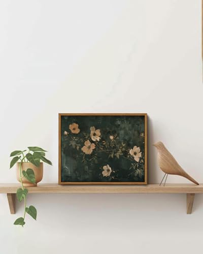Image of KISSFOX Framed Wall Art Vintage Wall Art Flowers Canvas Art Dark Green Pictures Floral Paintings Moody Artwork Farmhouse Prints For Bedroom Kitchen Living Room