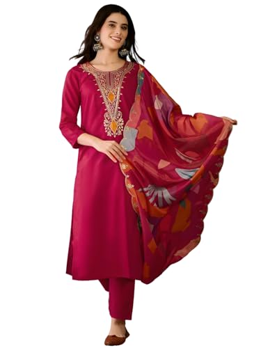 Naixa Women's Red Viscose Silk Embroidered Straight Kurta with Pa...