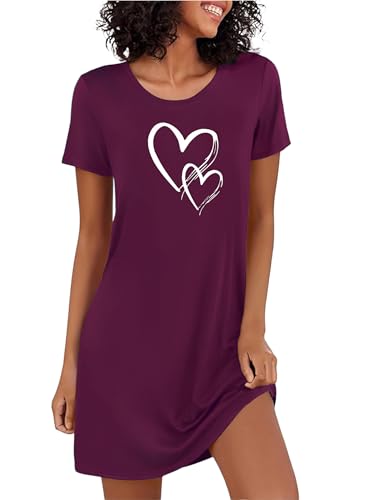 Marvmys Womens Nightdress Short Sleeve Nightshirt Heart Print Designs Nightgown Cotton Sleepwear Nighties for Women Purple M
