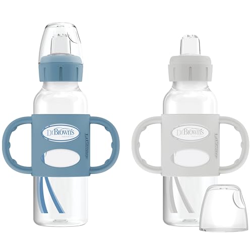 Image of Dr. Brown's Milestones Narrow Sippy Spout Bottle with 100% Silicone, Easy-Grip Handles and Soft Sippy Spout, 8oz/250mL, Light-Blue and Gray, 2-Pack, 6m+