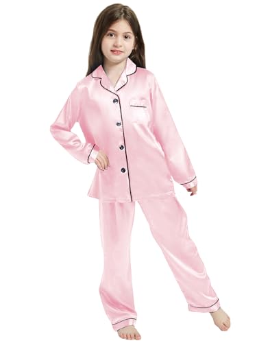 Image of Schbbbta Girls & Women Satin Pajamas Set, 2Piece Silk Nightwear Button-Down Sleepwear for Teen Kids, 3 Years - Women XXL