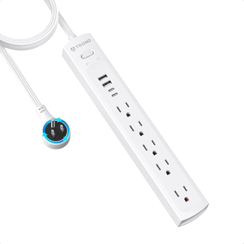 Image of TROND 360° Rotating Plug Surge Protector Power Strip, 2 USB C and 2 USB A, 5 Widely Spaced Outlets, 1440J Surge Protection, Wall Mountable, Flat Cord Extension Cord 10ft for Home Office Dorm, White