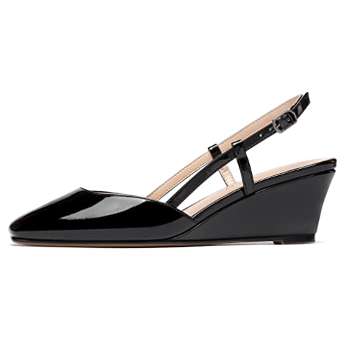 WAYDERNS Women's Patent Square Toe Slingback Solid Buckle Strap Wedge Low Heel Pumps Shoes 2 Inch3